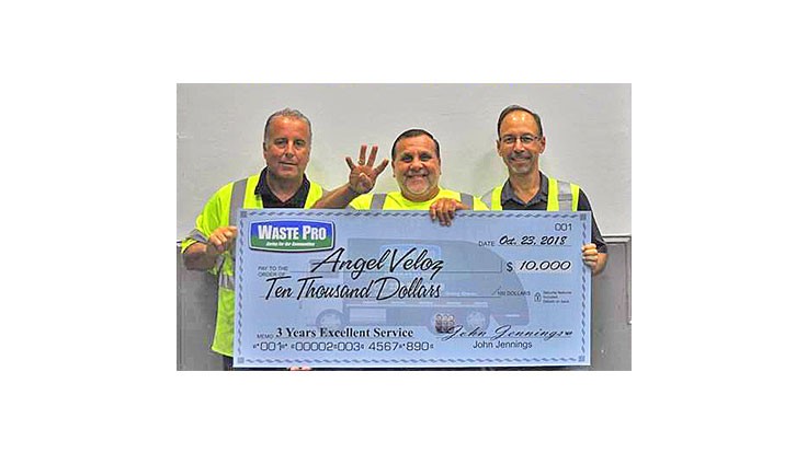 Fort Myers driver earns Waste Pro’s $10,000 safety award