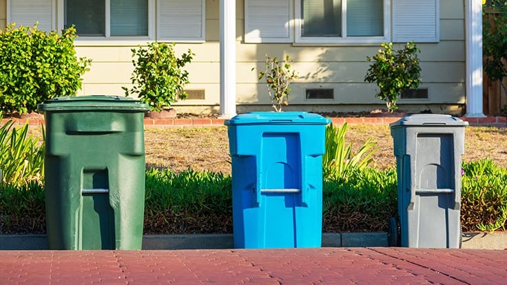 several recycling carts sit ready on the curb