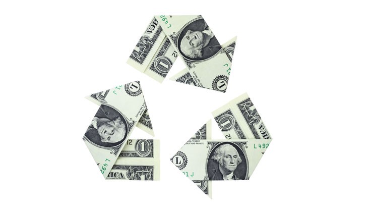 Dollars folded into recycling arrow triangle