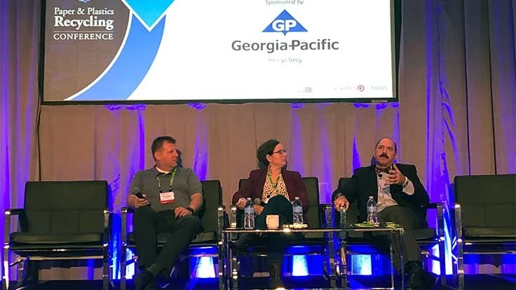 Three panelists discuss ways to address challenges in municipal recycling during the 2019 Paper & Plastics Recycling Conference Oct. 23-25 in Chicago.