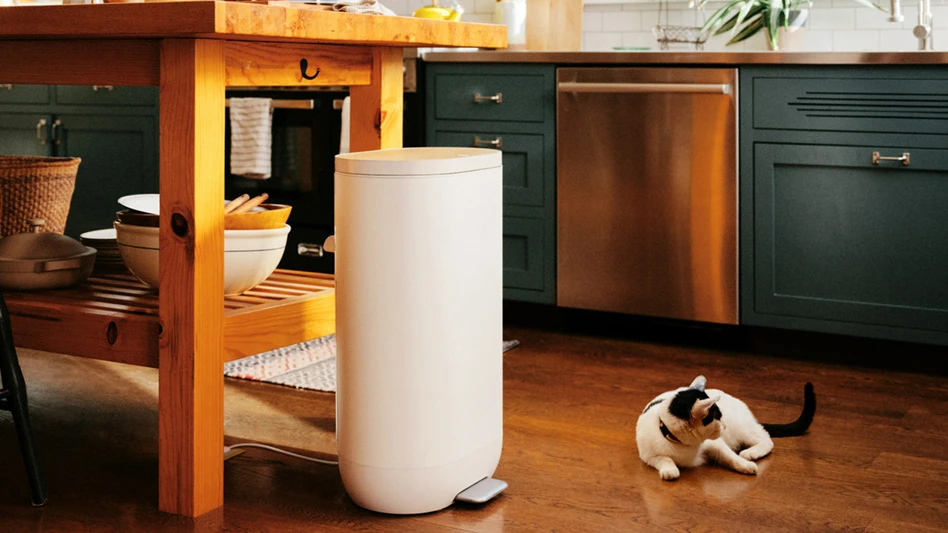 Mill Industries' kitchen bin under a kitchen table with a cat on the floor