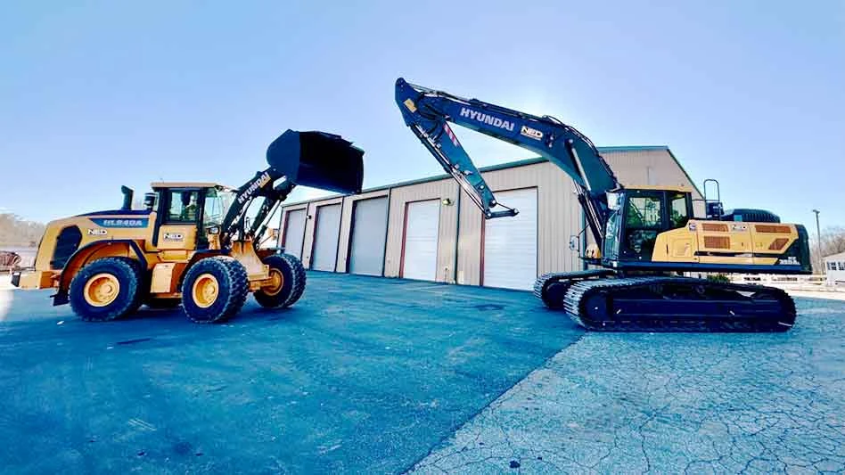 excavator and a wheel loader in a parking lot