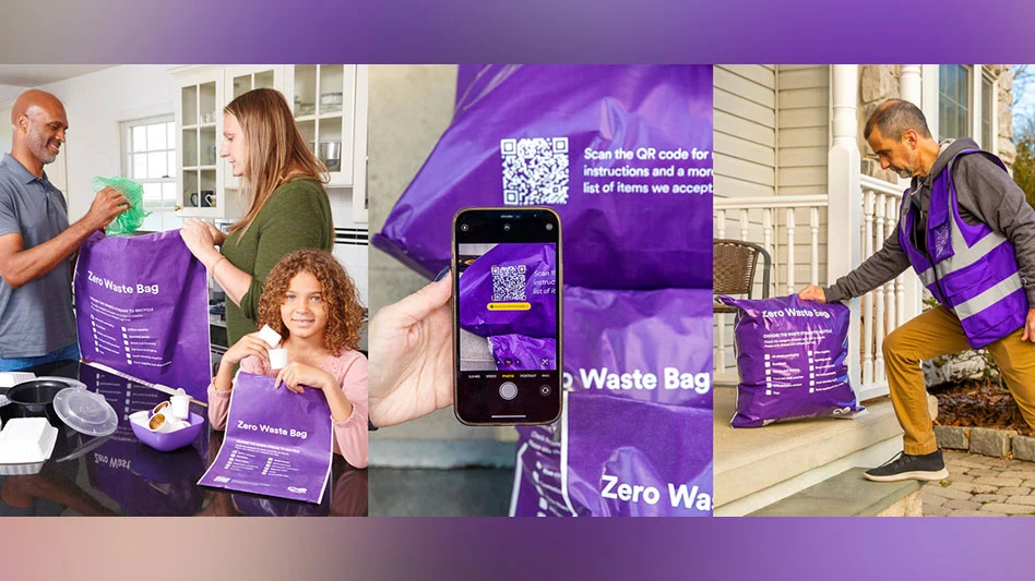 a family filling the bag, a phone scanning a QR code and a person picking up the filled bag from a porch