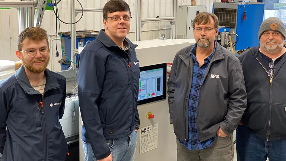 From left: Recycleye's Thomas Alden, tech lead, mechanical engineering, and Philip O’Brien, project manager, with MSS' Arthur Doak, director of research and development, and Pat Keltner, senior service technician