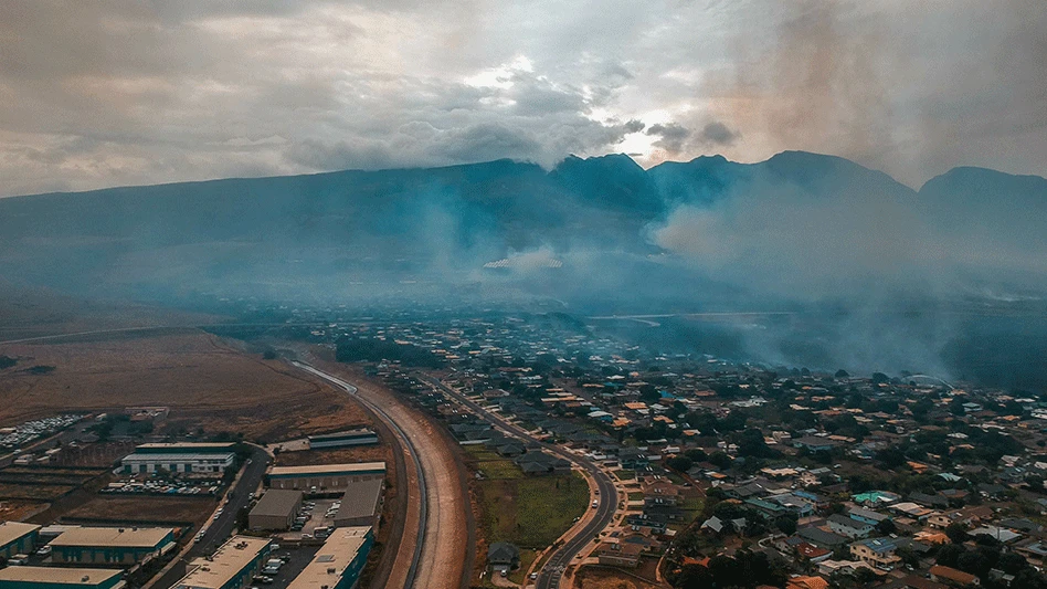 aerial view of lahaina brush fire on maui