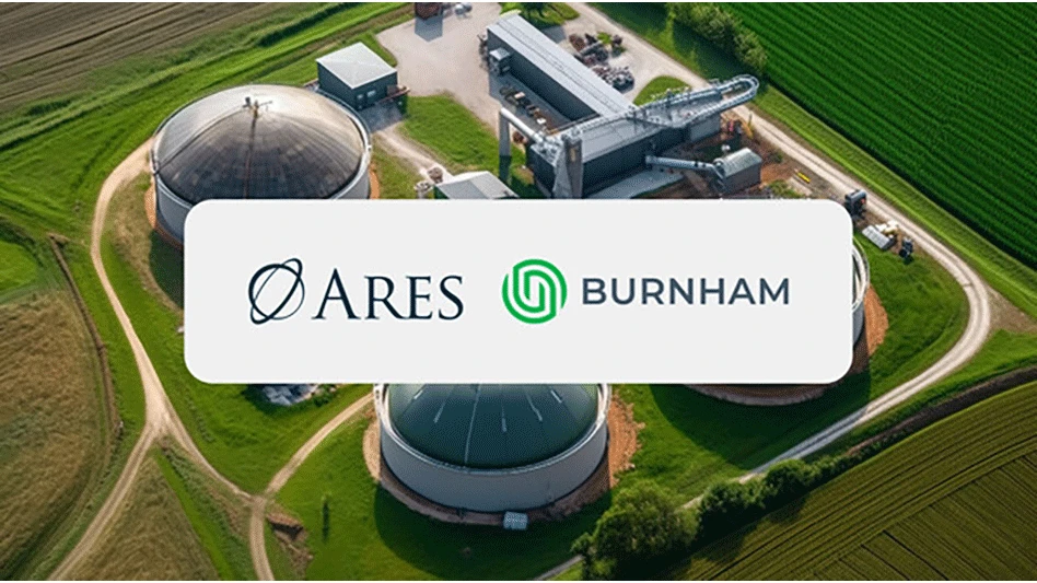 Ares and Burnham logos over a photo of an anaerobic digestion plant