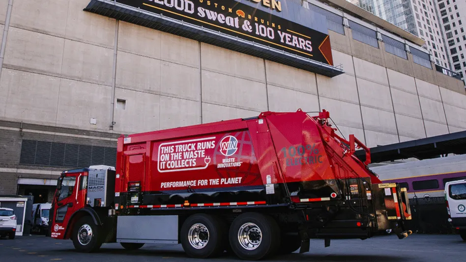 red mack lr electric truck with win waste branding