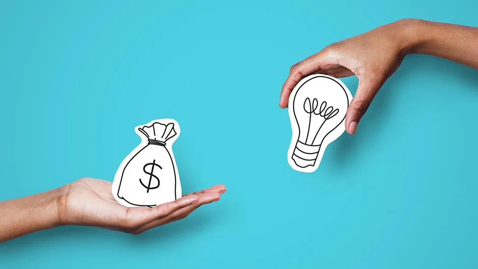 hands presenting bag of money and lightbulb against blue background