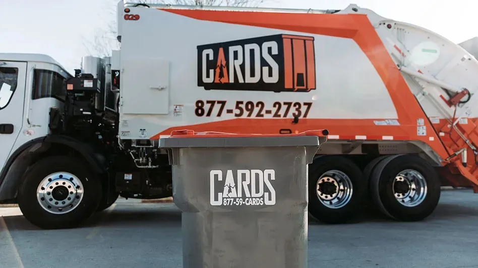 "cards" labelled waste bin and truck