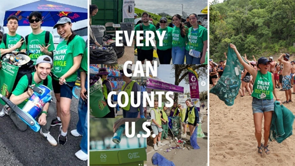 three side by side images of people wearing green shirts and recycling