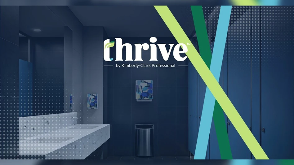 thrive program logo overlayed over restroom sink, stall
