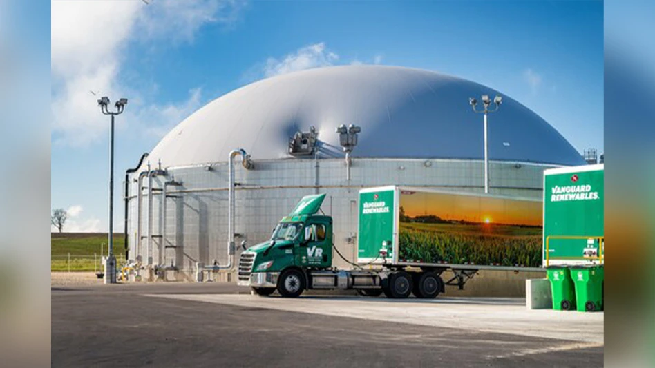 green vanguard renewables semi-truck in front of facility