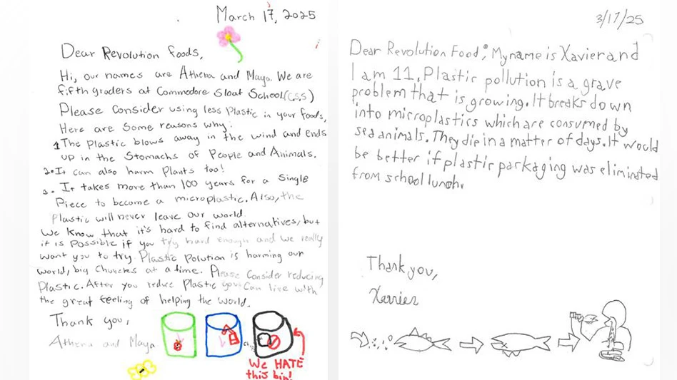 Handwritten letters from elementary students to Revolution Foods.