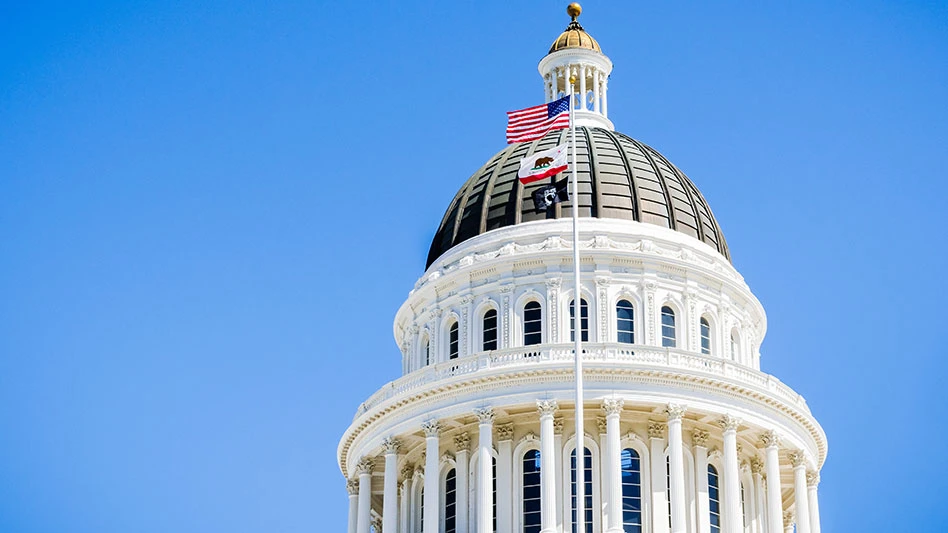 California state capitol dome with US and California flags