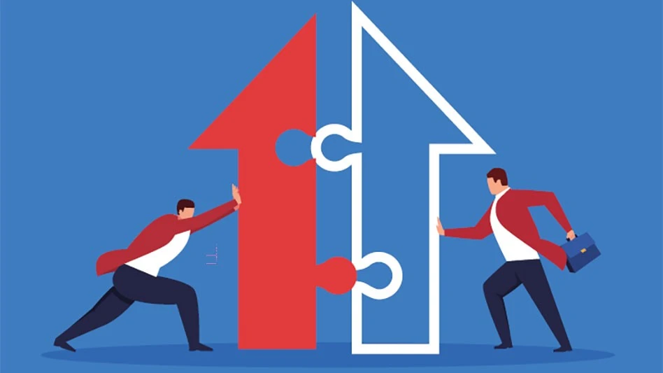 illustration of two men pushing together arrow shaped puzzle pieces