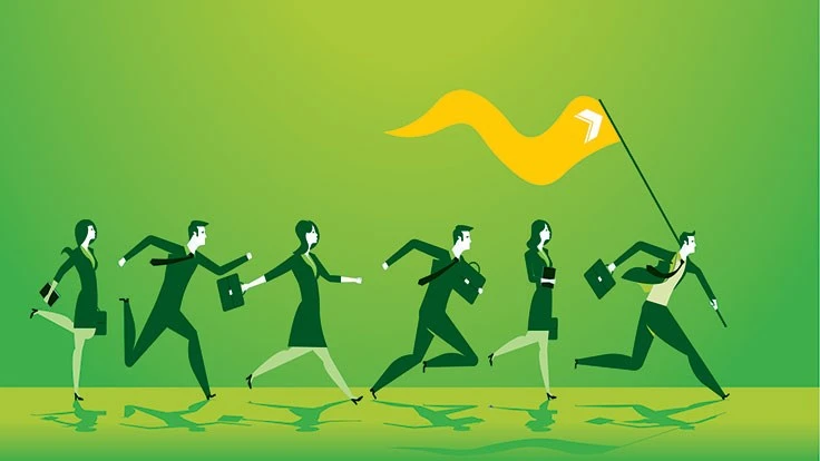 Graphic illustration of a line of people running, the front person holding a flag, on a green background.